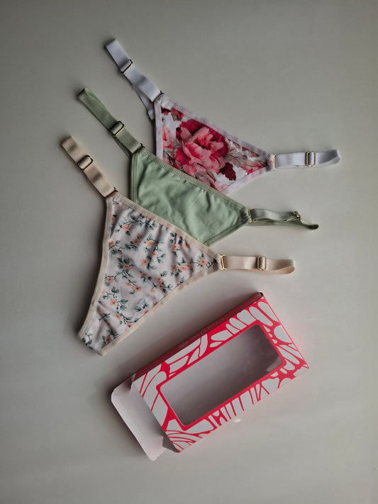 Art. 5001 PACK X 3 DE TANGA CAVADA DE ALGODÓN LYCRA ESTAMPADO VINTAGE