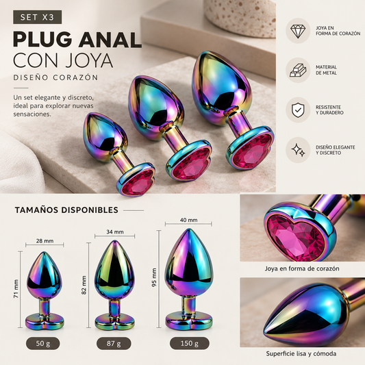 Set x3 de Plugs Anales de Acero Quirúrgico Arcoíris con Joya