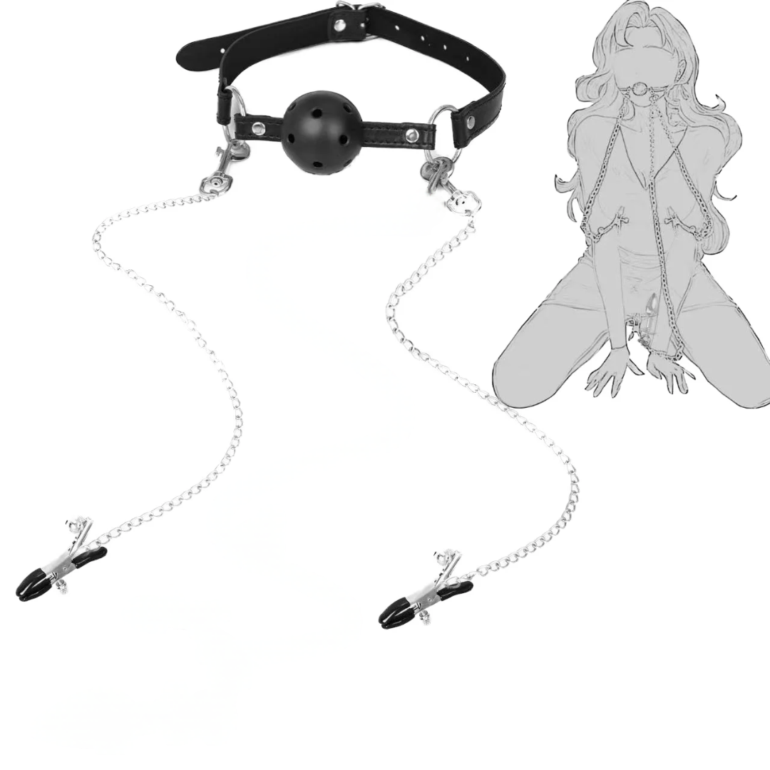 Kit Bondage con Collar y Mordaza Ajustable + Cadenas para Pezones