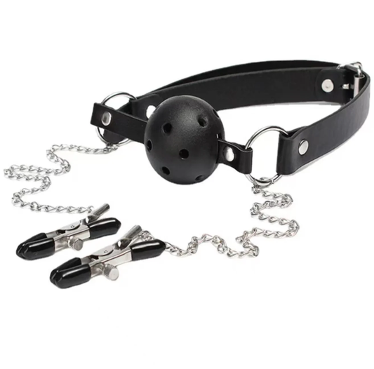 Kit Bondage con Collar y Mordaza Ajustable + Cadenas para Pezones