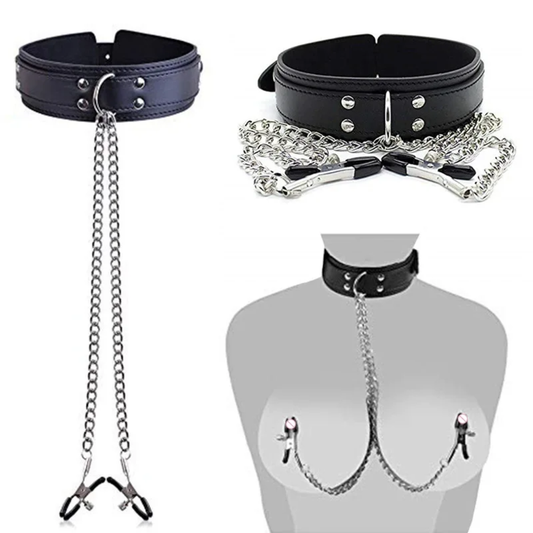 Kit Bondage con Collar y Mordaza Ajustable + Cadenas para Pezones