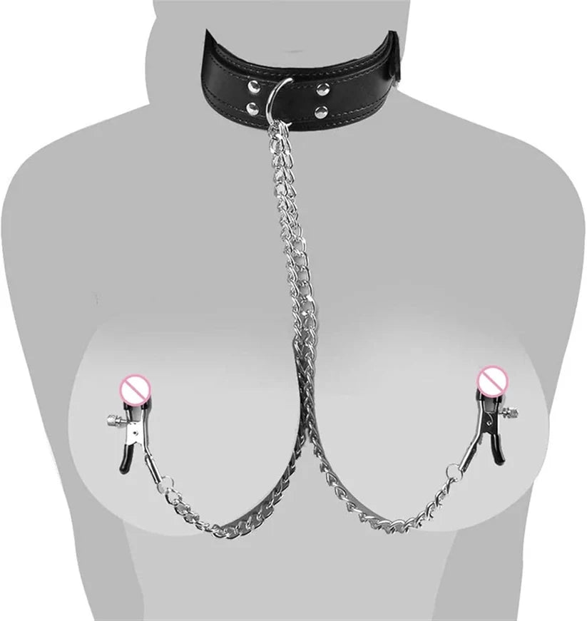 Collar BDSM con Pinzas para Pezones y Cadena Ajustable