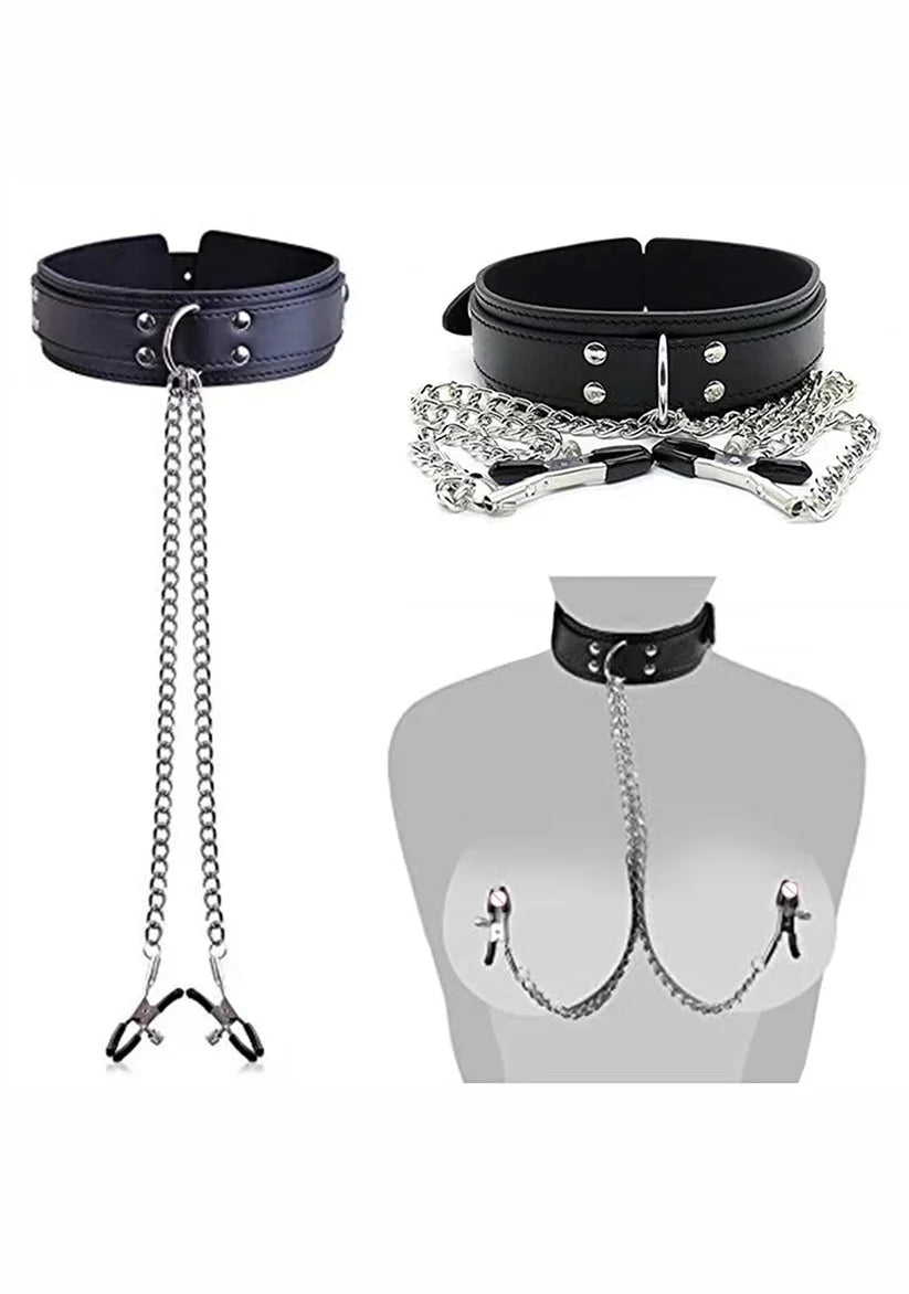 Collar BDSM con Pinzas para Pezones y Cadena Ajustable