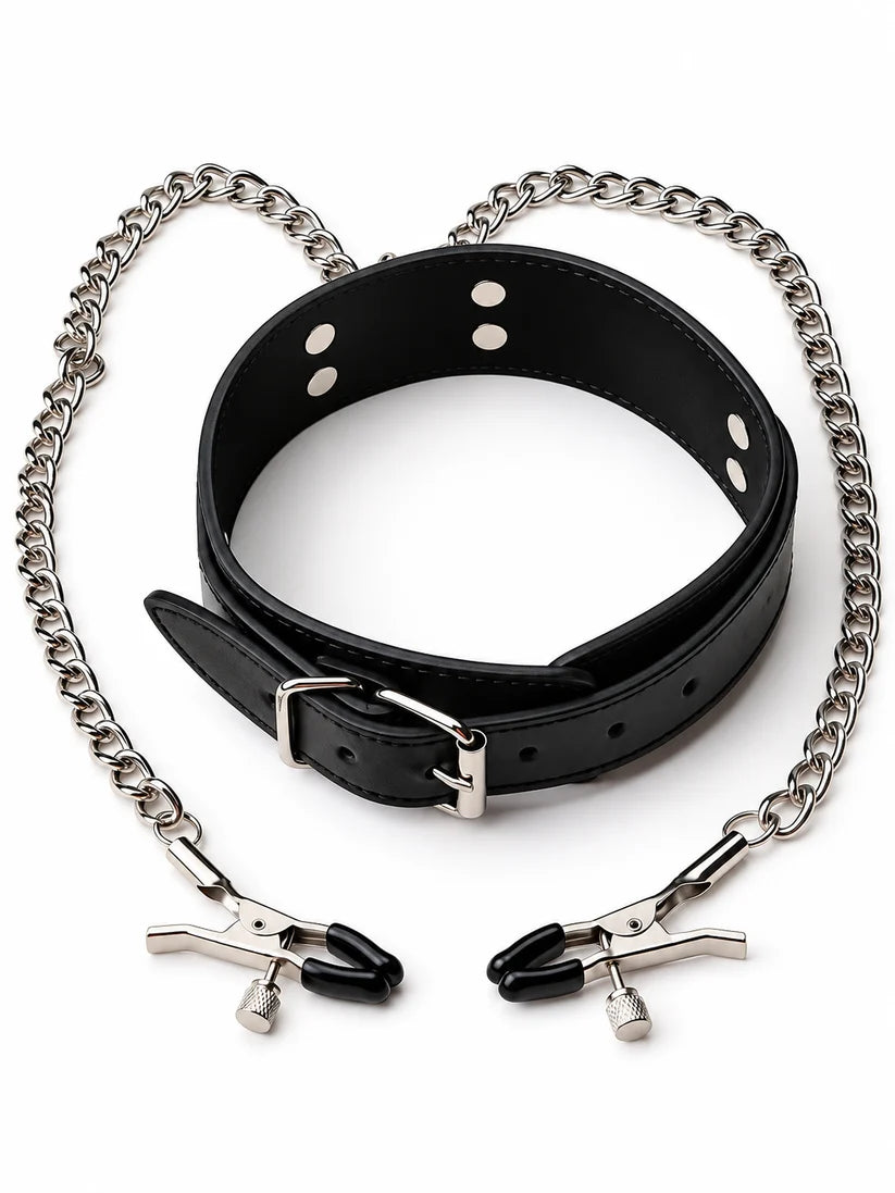 Collar BDSM con Pinzas para Pezones y Cadena Ajustable