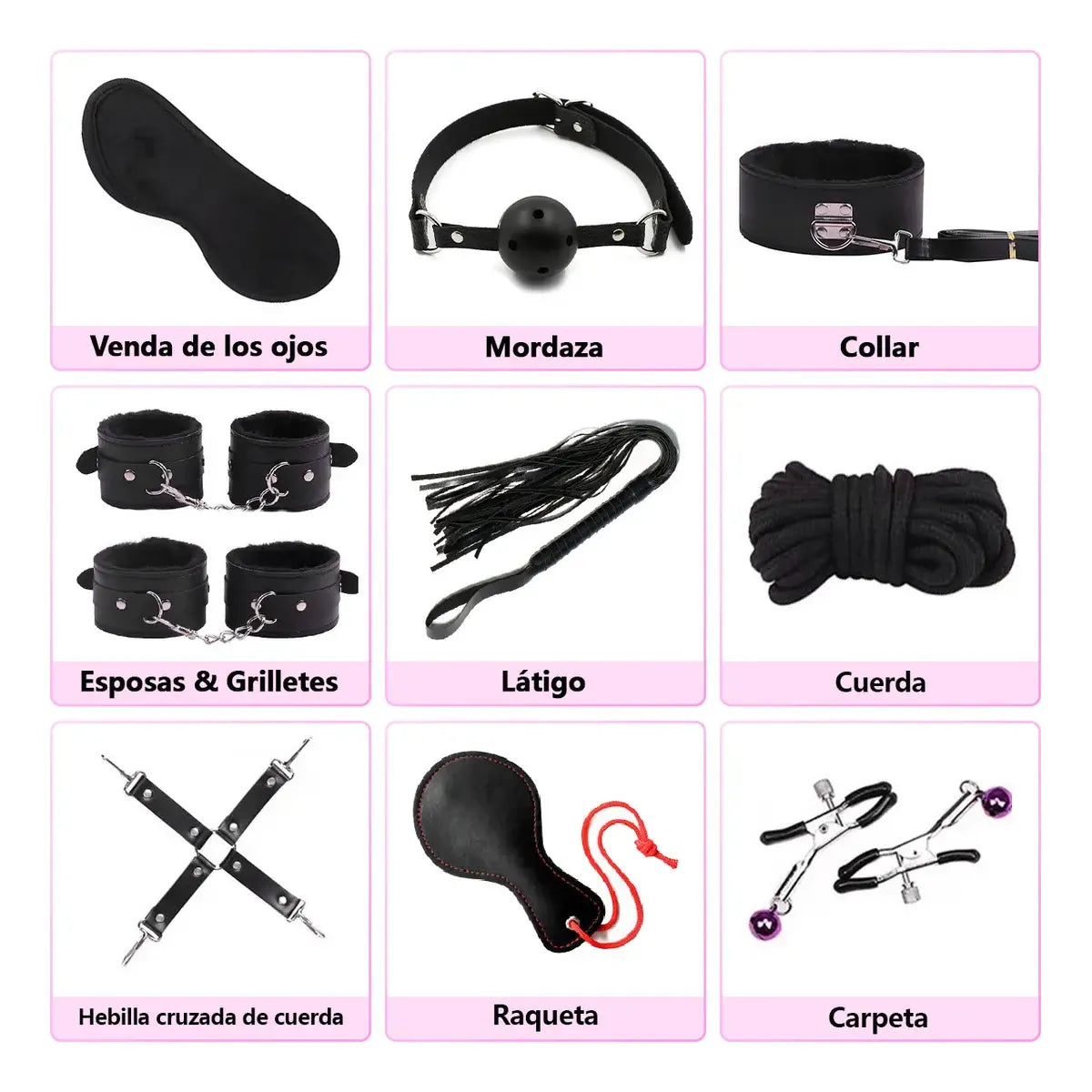Kit BDSM 11 Piezas Set para Adultos Paleta de azotes, latigo, mordaza +