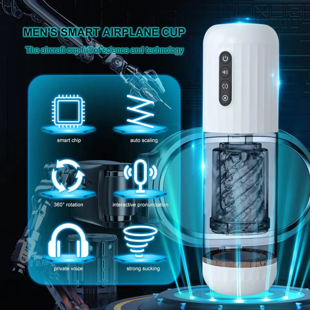 Male Masturbador Automático Telescópico 3 en 1 Empuje, Succión y Sonido de Gemidos