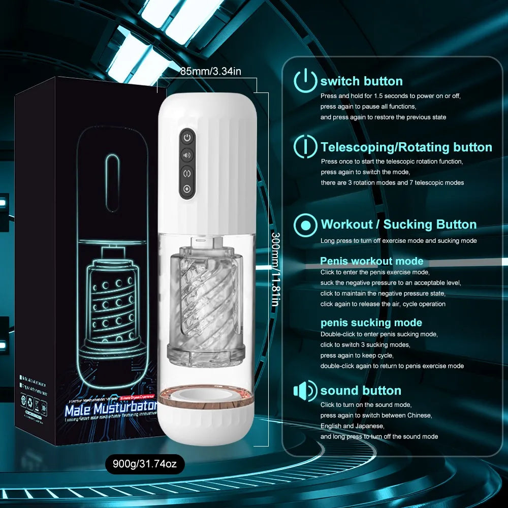 Male Masturbador Automático Telescópico 3 en 1 Empuje, Succión y Sonido de Gemidos