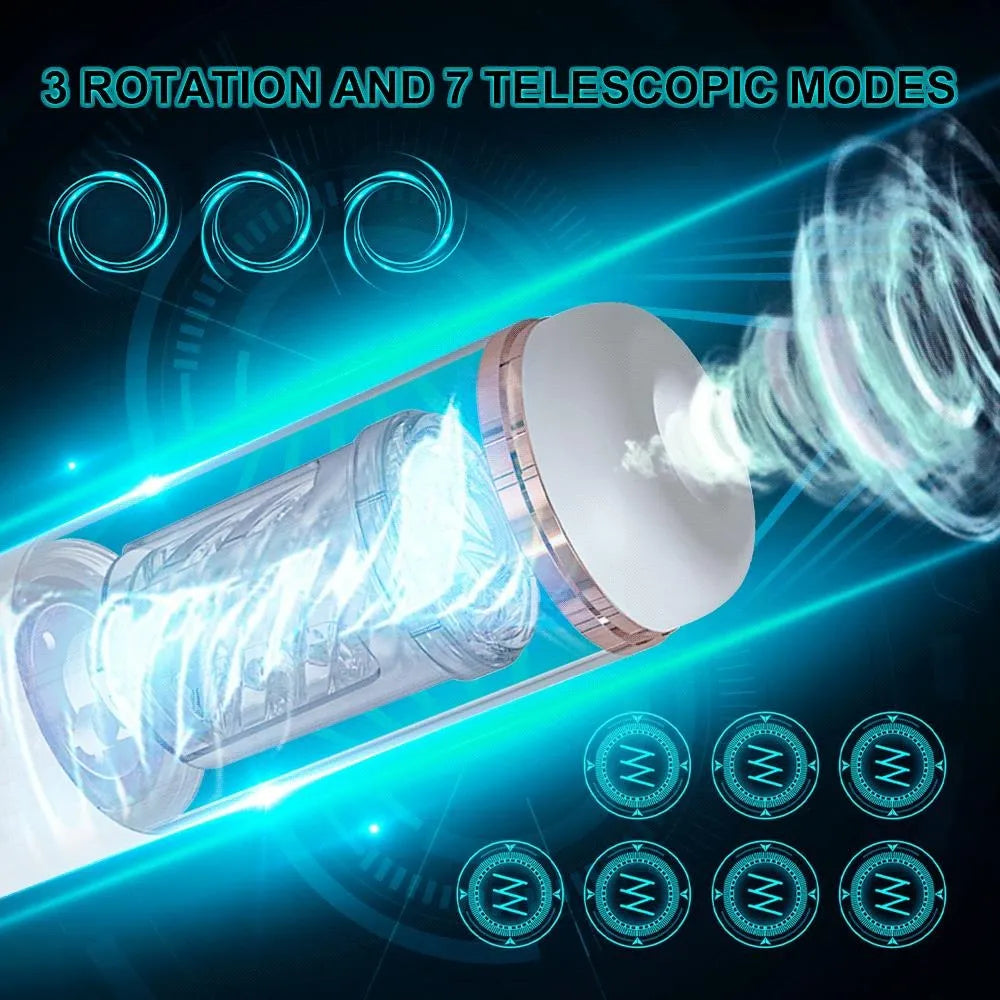 Male Masturbador Automático Telescópico 3 en 1 Empuje, Succión y Sonido de Gemidos