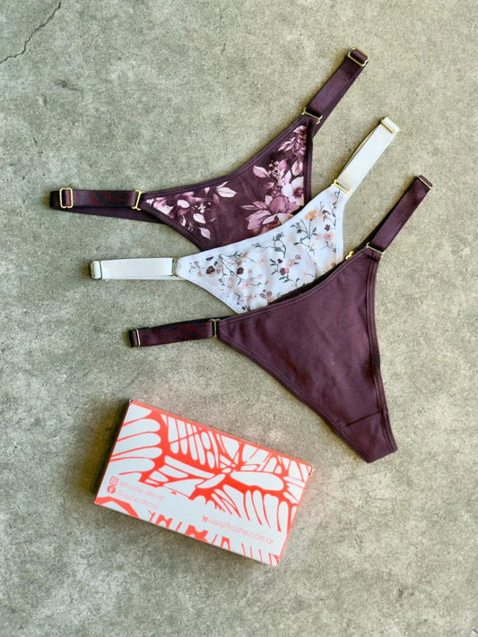 ART.5011 PACK X3 DE TANGA CAVADA DE ALGODÓN LYCRA ESTAMPADO LIBERTY MALBEC