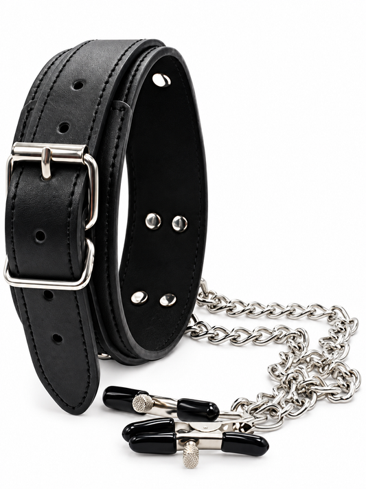Collar BDSM con Pinzas para Pezones y Cadena Ajustable