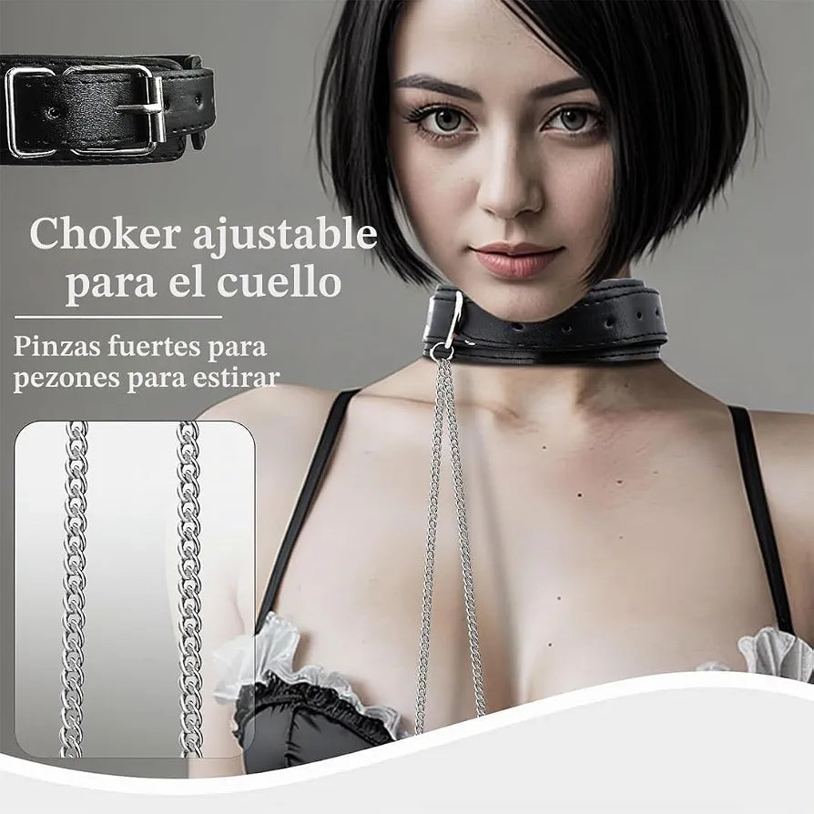 Collar BDSM con Pinzas para Pezones y Cadena Ajustable