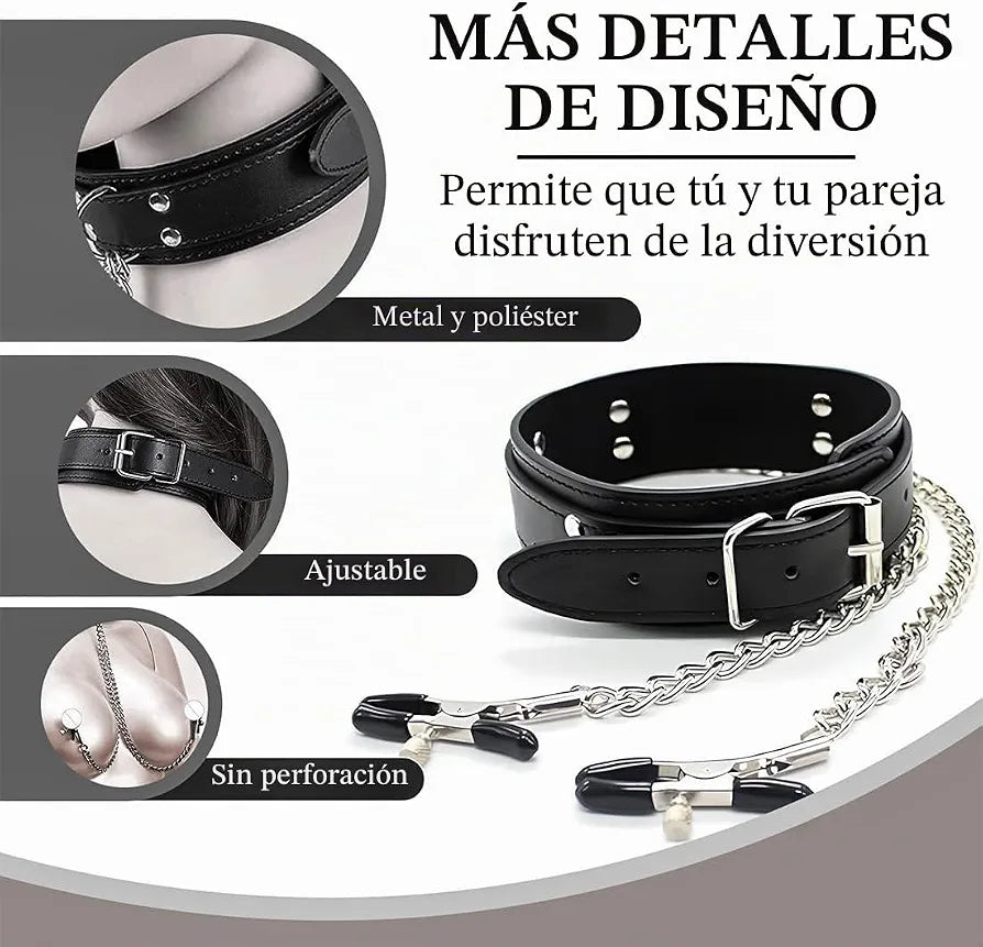Collar BDSM con Pinzas para Pezones y Cadena Ajustable