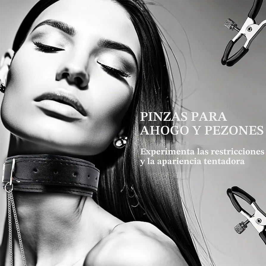 Collar BDSM con Pinzas para Pezones y Cadena Ajustable