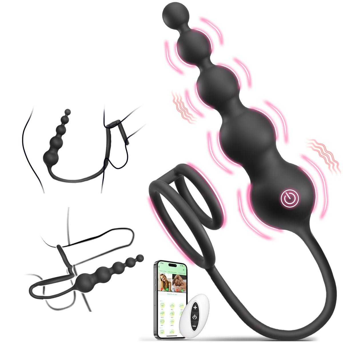 Plug Anal Vibrador con Cuentas y Anillo para el Pene, App y Control Remoto
