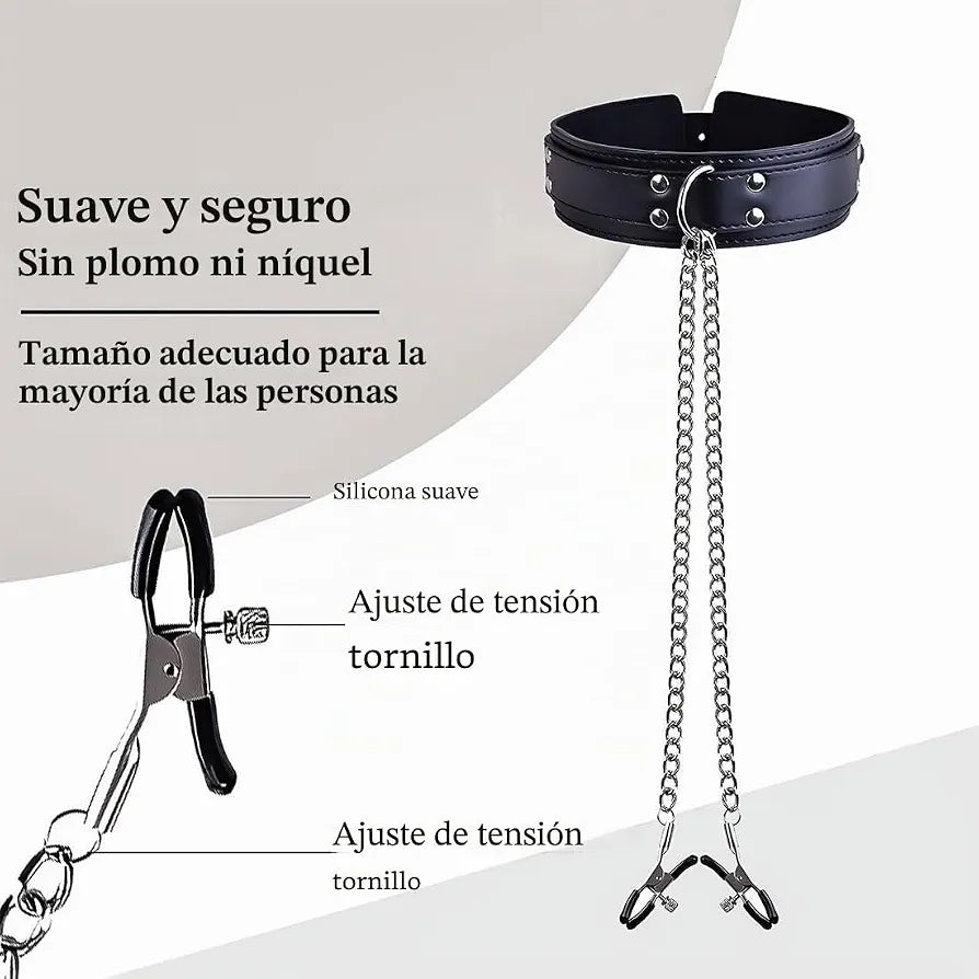 Collar BDSM con Pinzas para Pezones y Cadena Ajustable