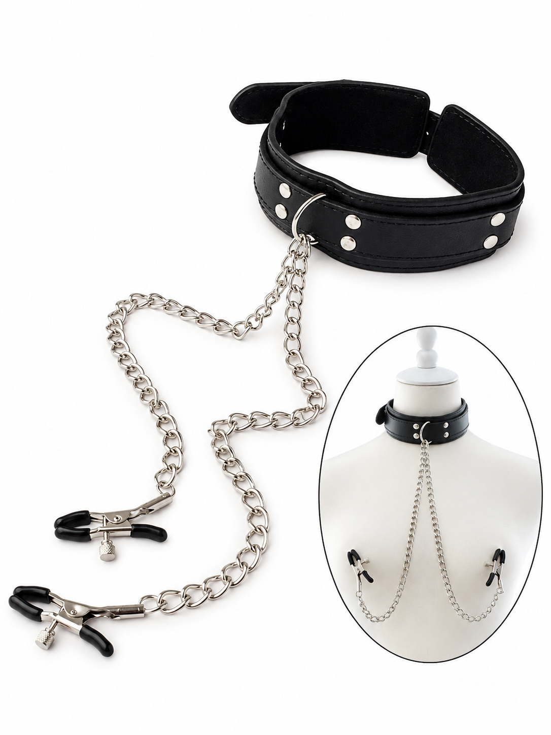 Collar BDSM con Pinzas para Pezones y Cadena Ajustable